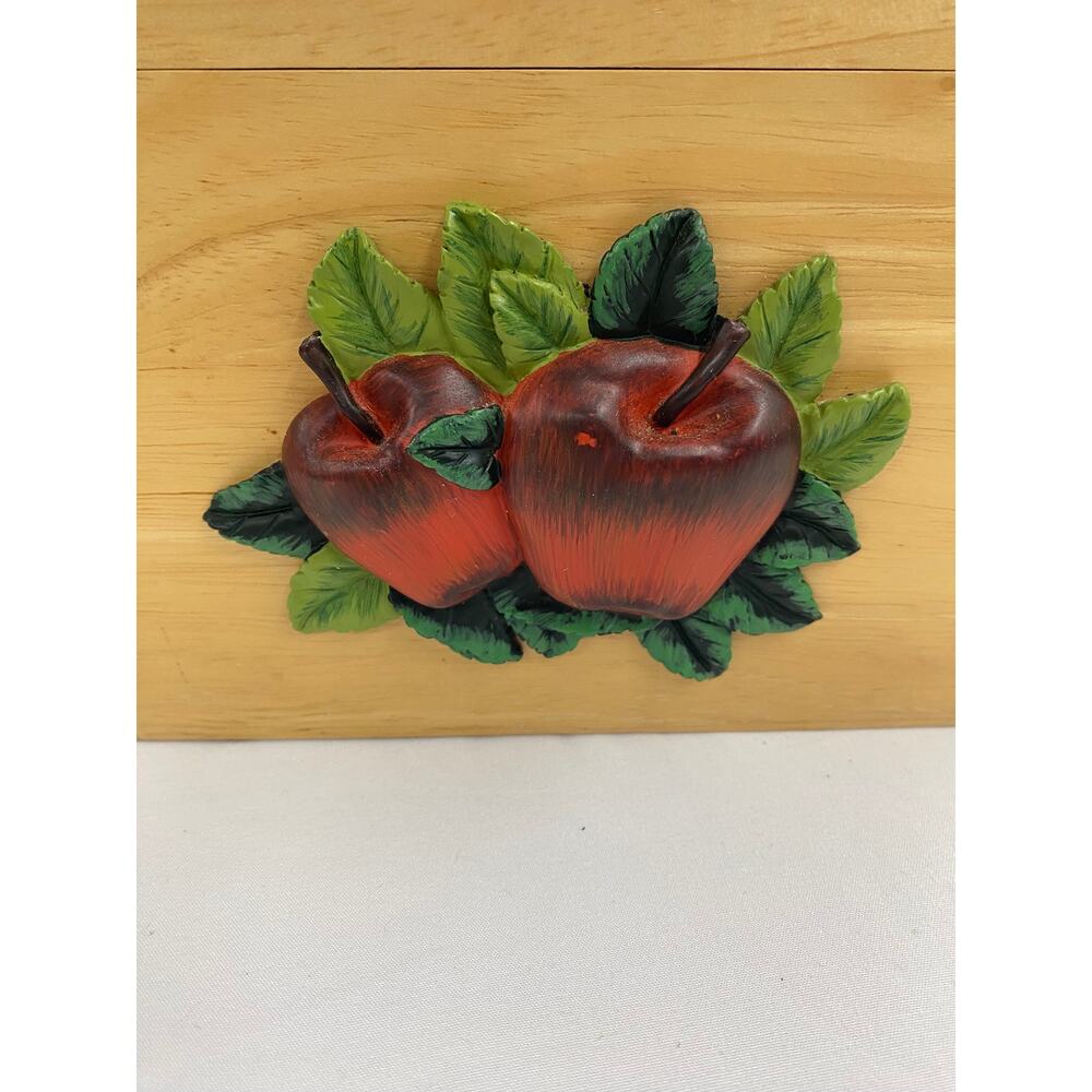 Vintage Wooden Recipe Box Hinged Lid Carved Red Apple Solid Wood Kitchen